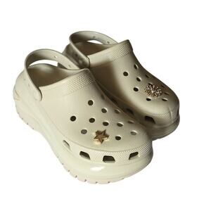 Crocs Women's Mega Crush Classic Platform Clogs Ivory  11 Gold Jibbitz Shoes